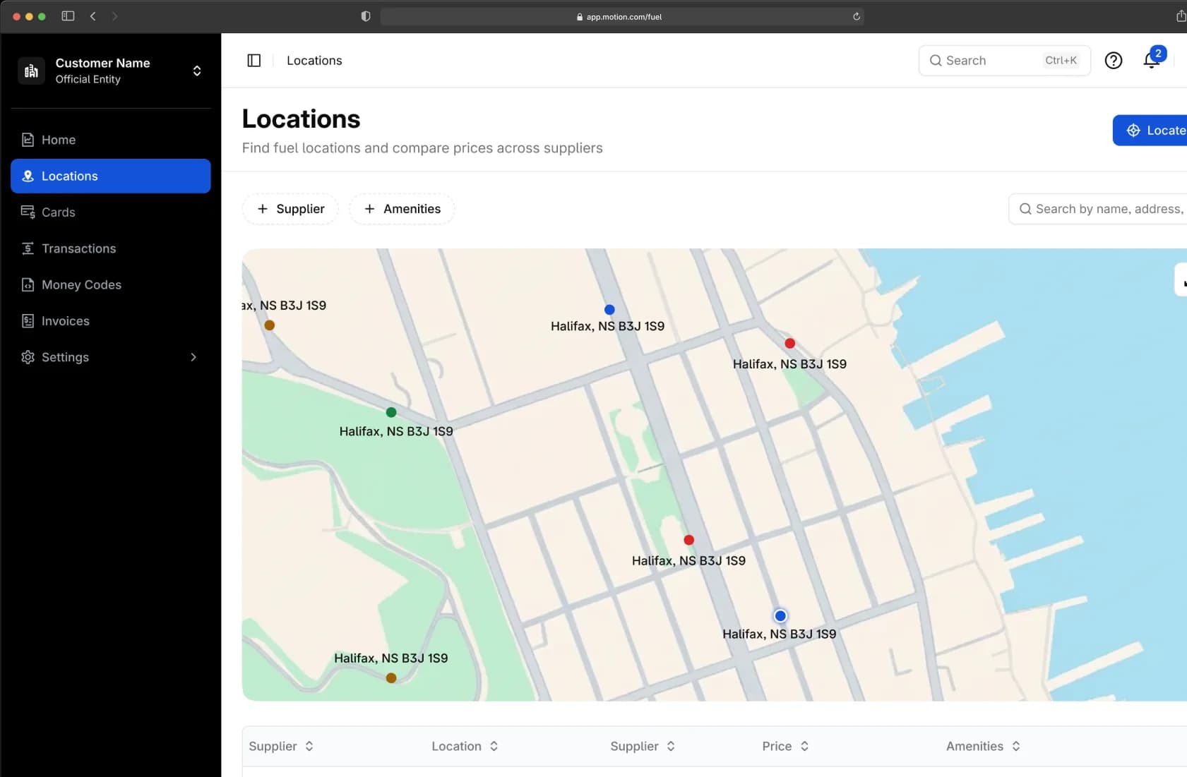 Desktop map view of fuel locations
