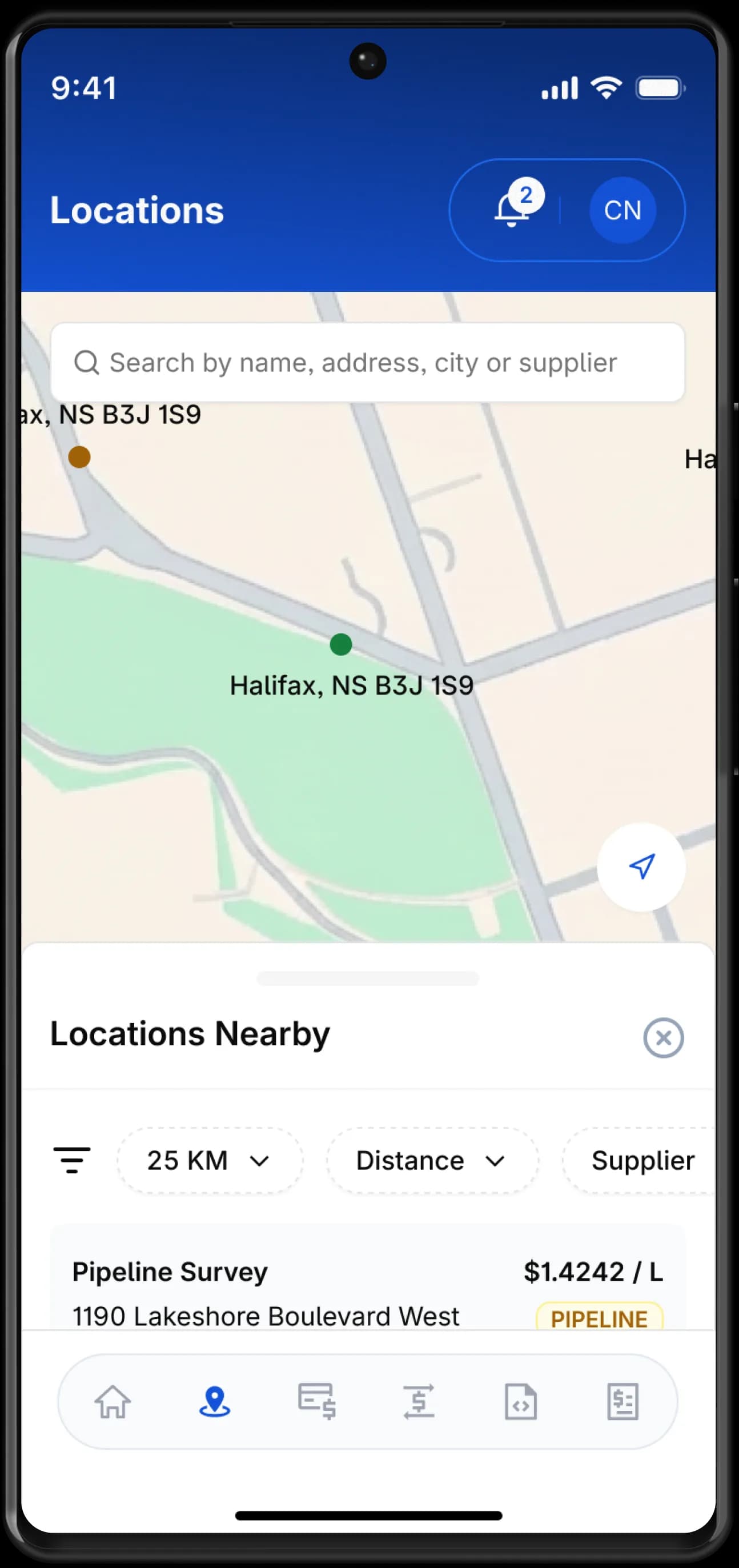 Mobile list of nearby fuel locations