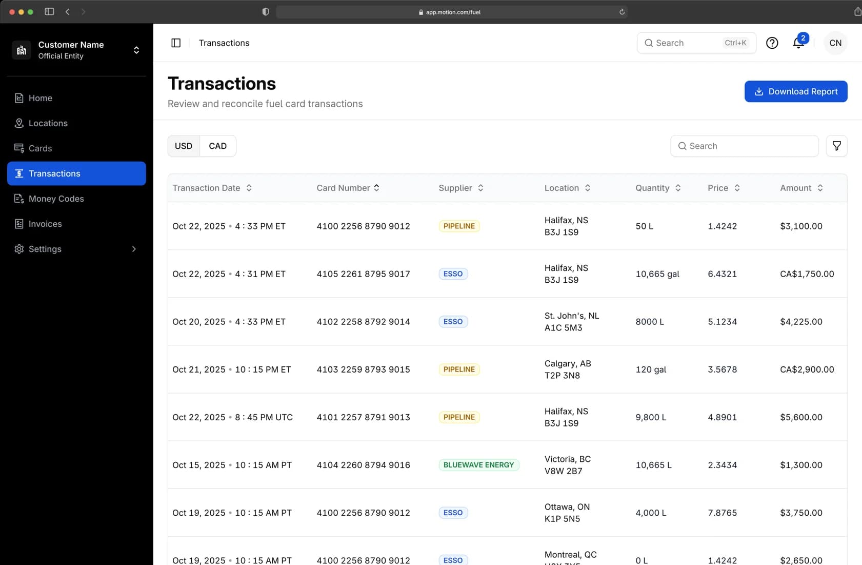 Transactions table with card activity