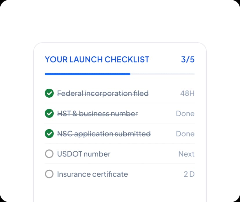 Launch checklist showing progress on federal incorporation, HST, NSC application, USDOT number, and insurance